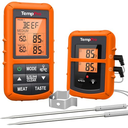TempPro TP20 500FT Wireless Meat Thermometer with Dual Meat Probe, Digital Cooking Food Meat Thermometer Wireless for Smoker BBQ Grill Thermometer Beef Steak Turkey Thermometer (Previously ThermoPro) - color: Orange