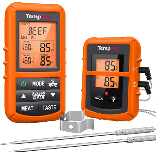TempPro TP20 500FT Wireless Meat Thermometer with Dual Meat Probe, Digital Cooking Food Meat Thermometer Wireless for Smoker BBQ Grill Thermometer Beef Steak Turkey Thermometer (Previously ThermoPro) - color: Orange