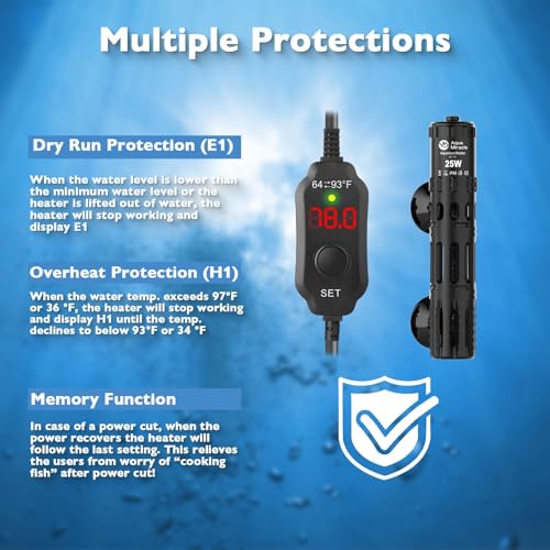 AquaMiracle Submersible Aquarium Heater, 25W Fish Tank Heaters with LED Digital Temp Display, Dry-Run Auto Power-Off & Overheat Protection, for Freshwater and Saltwater Tanks (3-5 Gal) - size: For 3-5 Gal Aquariums