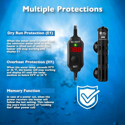 AquaMiracle Submersible Aquarium Heater, 25W Fish Tank Heaters with LED Digital Temp Display, Dry-Run Auto Power-Off & Overheat Protection, for Freshwater and Saltwater Tanks (3-5 Gal) - size: For 3-5 Gal Aquariums