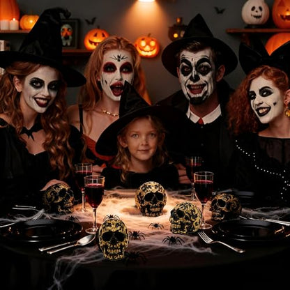 Gothic Skull Heads Home Decor - 3.62 Inch Desk Skeleton Skull Head Statue Fake Resin Skull Figurine Decor for Halloween Decorations, Party Gold Skull Head Designs