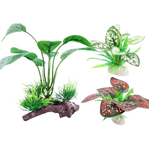 3PCS Reptile Artificial PlantsTerrarium Plants Aquarium Plants Decorations for Amphibian Habitat Decor - color: C-3pcs Set/Dark Green