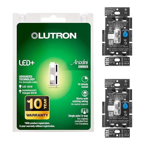 Lutron Ariadni/Toggler LED+ Dimmer Switch for Dimmable LED, Halogen and Incandescent Bulbs, 150 Watt, Single-Pole or 3-Way, AYCL-153P-WH-2, White, 2 Pack - color: White, size: 2 Pack