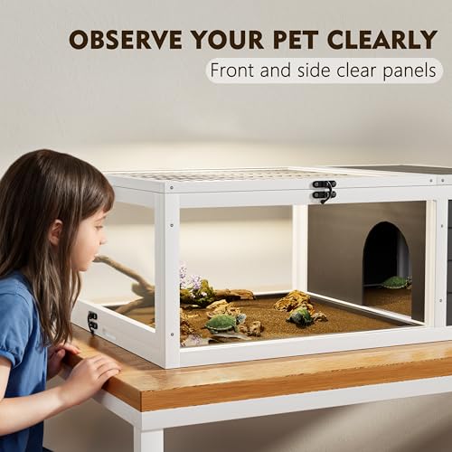 39.5" Wooden Tortoise House Indoor Turtle Habitat with 2 Removable Waterproof Trays & Acrylic Observation Windows, Reptile Cage for Lizards, Geckos & Small Pets