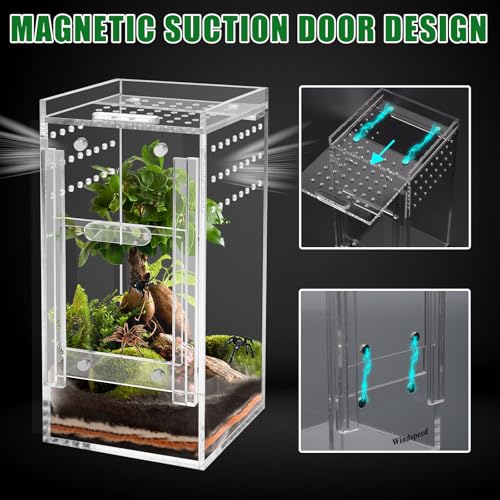 Mini Spider Enclosure, Windspeed 3x3x6’’ Acrylic Terrarium with Ventilation Jumping Spider Enclosure Cage Portable Micro Habitat Terrarium for Tarantula Lizards Gecko with Tongs, Dropper