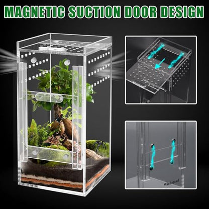 Mini Spider Enclosure, Windspeed 3x3x6’’ Acrylic Terrarium with Ventilation Jumping Spider Enclosure Cage Portable Micro Habitat Terrarium for Tarantula Lizards Gecko with Tongs, Dropper