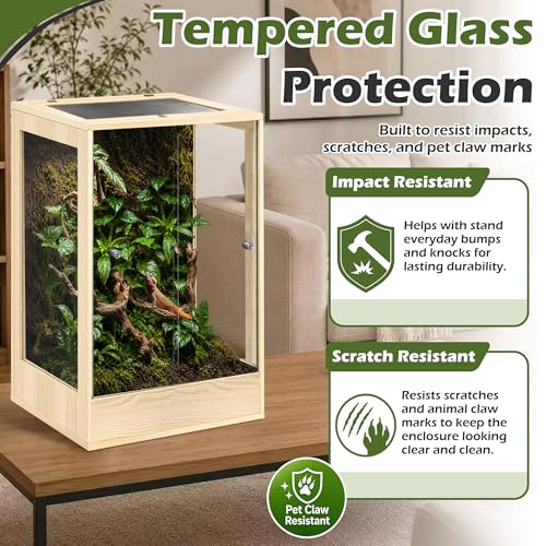 PROLEE 18" x 18" x 32" Tall Reptile Terrarium, 45 Gallon Glass Chameleon Cage, Vertical Crested Gecko Tank with Ventilated Mesh Top, Front Opening Rainforest Habitat, Oak - color: Oak, size: 18" L x 18" W x 32" H, 45 Gallon