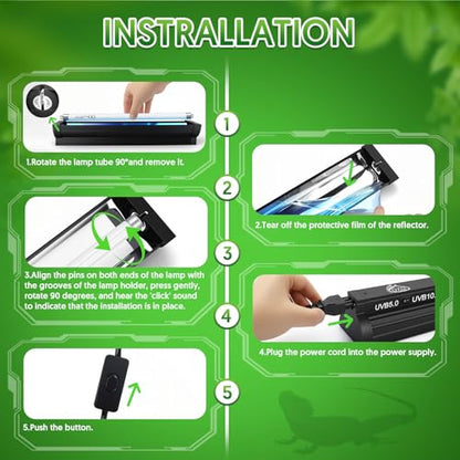QZQ T5 UVB Reptile Light Fixture Combo Kit 8W, UVB Light for Reptiles with Switchable 5.0 & 10.0 UVB Output, Terrarium Hood Lamp for Bearded Dragon, Snake, Gecko, Tortoise, Lizard - size: 8W-5.0&10.0-12.4IN
