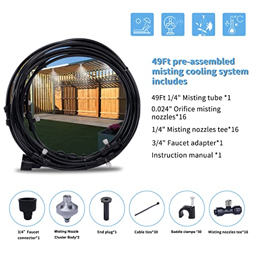 Fogalnd Patio Misting System : Outdoor Misting System 49ft Misting Cooling System with 16pcs 0.024" Orifice Thread Stainless Steel Misting Nozzle for Garden Greenhouse Gazebo - size: 0.024" Orifice/49FT