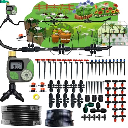 160Ft Drip Irrigation System for with Water Timer Main Water Hose ID 1/2inch 32Ft, 1/4in 131Ft, Sufficient Water Pressure, Irrigation Dripper Waterflow Evenly, Easy DIY Automatic Watering System - size: 32Ft+131Ft