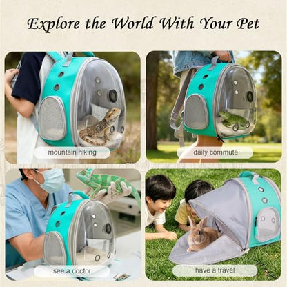 Bearded Dragon Travel Backpack Carrier with Reptile Thermometer and Humidity Gauge Lizard Travel Cage Space Capsule Clear Bubble Window Astronaut Reptile Bag for Ball Python (Green, BE Backpack) - color: Green, size: 11.8"L x 7.2"W x 11.8"H