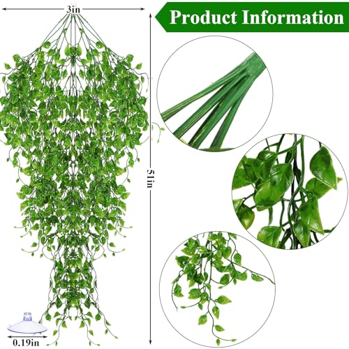Suncalla 8 Pack Reptile Plants Terrarium Hanging Plant Vine Boston Climbing Terrarium Plant with Suction Cup for Bearded Dragons Lizard Crested Gecko Snake Crab Tank(Petite Leaf Series,Multiple Green) - style: Petite Leaf Series