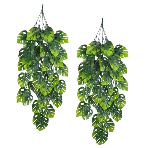 RECUTMS Artificial Hanging Plants 2 Pack, Fake Monstera Leaves Ivy Vine Faux Greenery UV Resistant Outdoor Tropical Palm Leaf Plant for Garden Home Jungle Hawaiian Luau Party Spring Summer Décor - color: Palm Leaf Hanging Plants 2pcs