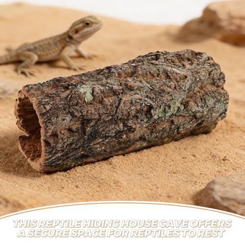 Reptile Hide: Hollow Cork Bark Log for Terrarium Bearded Dragon or Gecko Tank Accessories - Natural Looking Basking Hideout for Lizard Snake Axolotl 9x4x3.5