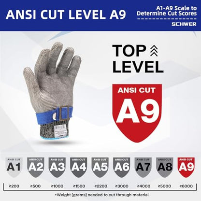 Schwer SlicePro ANSI A9 Cut Resistant Glove PR1706, Stainless Steel Mesh Metal Glove, Food Grade for Kitchen Cooking, Butcher Meat Cutting, Oyster Shucking, Mandoline, (L, 1 PCS) - size: Large (Pack of 1), style: 1.0 Steel Wire