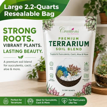 Creations by Nathalie Natural Terrarium Growing Medium, 2.2 Quarts, Well-Draining Mix for Succulents, Cactus & Aloe, Untreated Pine Bark, Canadian Peat & Coarse Sand