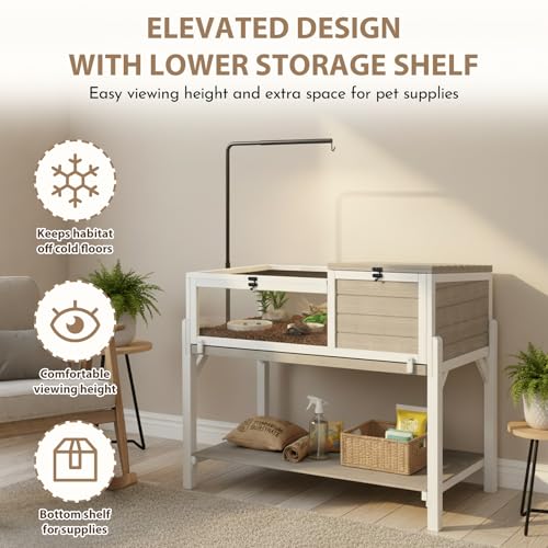 Tortoise Habitat for Small Reptiles, 2-Zone Wooden Turtle Cage with Adjustable Rotating Metal Lamp Stand, Storage Shelf, Indoor Reptile Enclosure for Tortoises, Geckos, Snakes