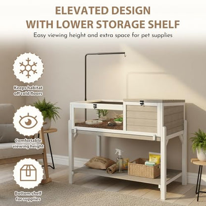 Tortoise Habitat for Small Reptiles, 2-Zone Wooden Turtle Cage with Adjustable Rotating Metal Lamp Stand, Storage Shelf, Indoor Reptile Enclosure for Tortoises, Geckos, Snakes