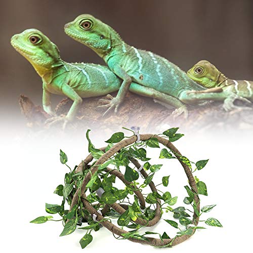 Flexible Natural Reptile Vines 9.84ft Rattan Length, Reptile Plants Simulated Jungle Branch for Tortoise Lizard Bearded Dragon Terrarium Habitat Layout (Large 3-meter rattan + green radish leaves) - size: Large 3-meter rattan + green radish leaves
