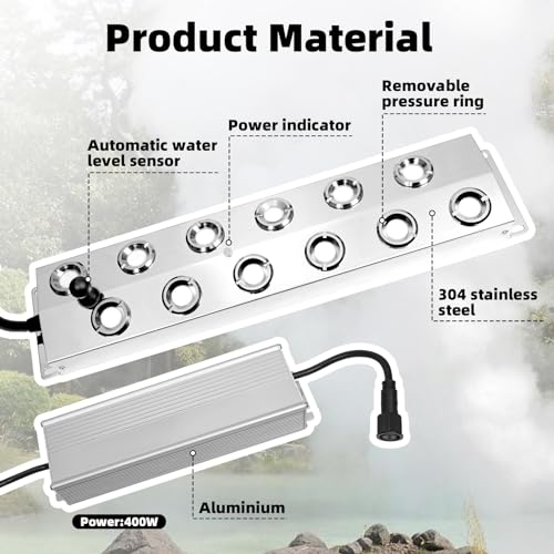 TEPU Mist Maker 12 Head Ultrasonic Pond Fogger, 9000ml/H 400W, ultrasonic fogger with Float IP67 Waterproof Power Supply for Halloween Decoration Rockery Fishtank Landscape