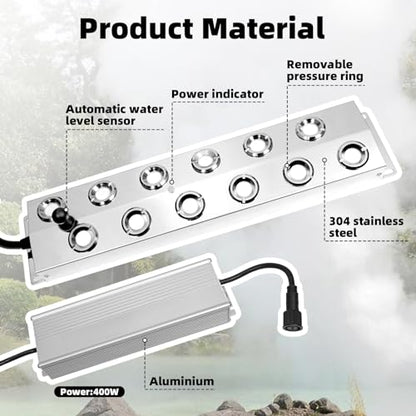TEPU Mist Maker 12 Head Ultrasonic Pond Fogger, 9000ml/H 400W, ultrasonic fogger with Float IP67 Waterproof Power Supply for Halloween Decoration Rockery Fishtank Landscape