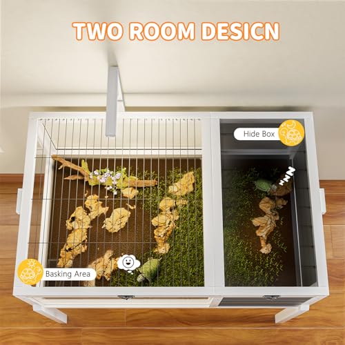 Reptile Habitat Tortoise House with Lamp Holder, Large Observation Window, 2 Waterproof Tray, Detachable Legs, Easy to Clean Wooden Enclosure for Turtles, Lizards, Geckos, and Small Pets Indoor Outdoo