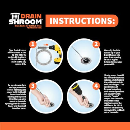 DrainShroom Reusable Sink Snake Clog Remover Tool that Attaches To Any Drill, Bathroom Bathtub Drain Cleaner Auger, Hair Catcher Drain Snake, 36 Inches Long, Stainless Steel, 1 Pack