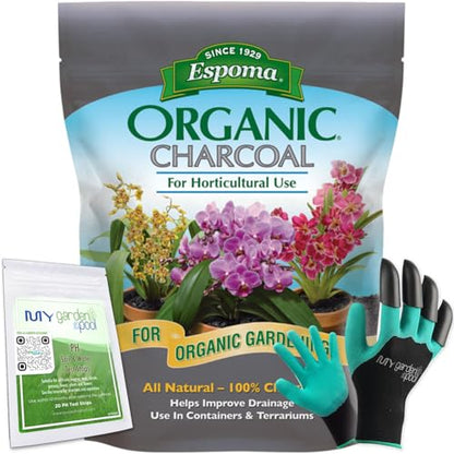 Espoma Organic Charcoal 4 QT with My Garden Pool pH Soil Test Strips 20 Ct and Superior Gardening Claw Gloves