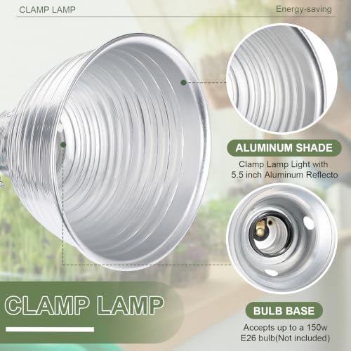 Macarrie 20 Pcs Adjustable Clamp Lamp Light with Aluminum Reflector Up to 150 Watt (No Bulb Included) E26 Socket SPT-2 18awg 6FT Cord(5.5 Inch) - size: 5.5 Inch