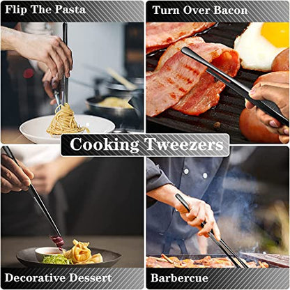 JETKONG 4 Pcs Kitchen Tweezers Professional Stainless Steel Cooking Tweezers Set, Black Kitchen Food Tweezer Tongs for Cooking, Repairing, and BBQ (10+12-Inch, Black) - color: Black, size: 10+12inch-4PCS