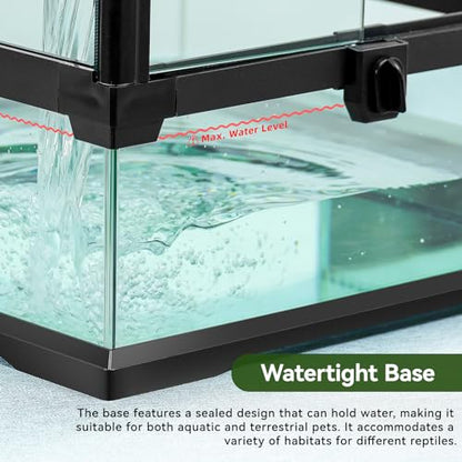 18x12x12 12 Gallon Glass Reptile Tank Front Opening Terrarium Suitable for Leopard Geckos, Snakes Tree Frogs Chameleons Watertight Base, Ventilated Metal Mesh Top, Pre-Drilled Cable Holes - size: 18'' x 12.6'' x 12.6''