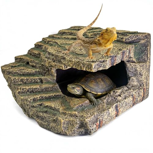 kathson Extra Large Turtles Basking Platform,Resin Reptile Hideouts Cave Habitat Decor,Tortoise Hide Cave with Climbing Ramp Step,Bearded Dragons Hide Basking Rocks Accessories for Lizard,Gecko,Frog
