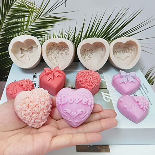 4 Pack Heart Resin Rose Flower Silicone Mold for Candle, Cake, Soap, Candy - Round Shape - color: xq-heart-4-pack
