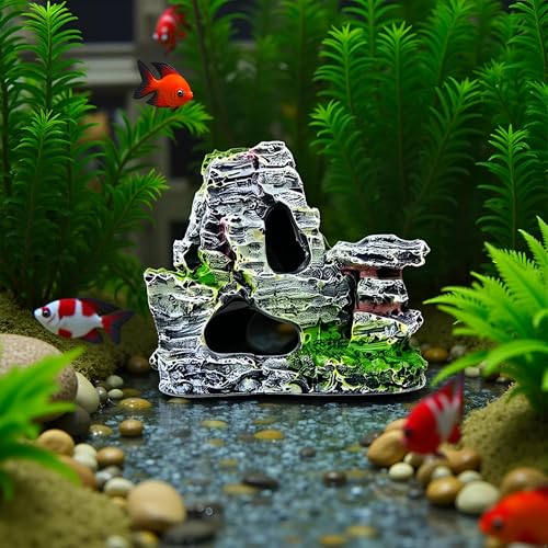 Artificial Moss Rock Aquarium Stone Cave, Resin Fish Tank Decor for Hiding and Landscaping, Small Mountain Terrain Ornament, Natural-Looking Habitat for Fish, Shrimp, and Reptiles, Decoration