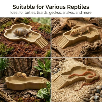 Large Turtle Water Bowl, Reptile Bathing Pool Tortoise Water Dish Bearded | Dragon Water Fountain Non-Slip Reptile Food Dish for Tortoise Gecko Lizard Snake Terrarium Habitat (Brown)