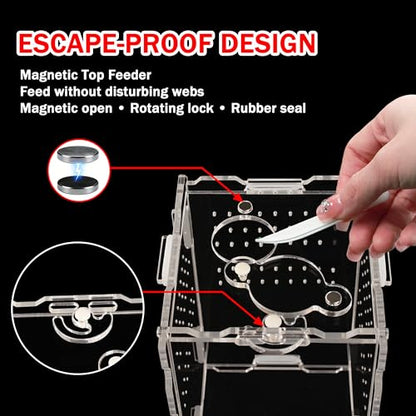 21-in-1 Jumping Spider Enclosure Kit, Acrylic Terrarium with Front Door & Magnetic Feeder, Complete Accessories Set for Jumping Spider, Tarantula, Praying Mantis, Reptile Habitat, 360° View