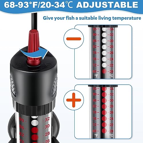 Dreyoo 2 Set 100W Submersible Aquarium Heater, Adjustable Aquarium Fish Tank Heater with 4 Thermometers Stickers and Suckers, Adjustable Knob Thermostat for Marine Saltwater and Freshwater