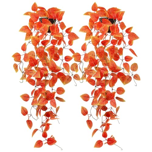 2 Pack Artificial Fall Plants Hanging Orange Vines Potted Fall Foliage Fake Pothos Trailing Plant Autumn Decoration for Indoor Outdoor Thanksgiving Bathroom Wall Kitchen Room Shelf Decor (Black Pot) - color: Fall Pothos, size: 2Pack