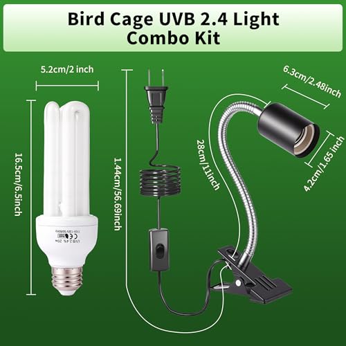 Bird Cage UVB Light Combo Kit, Avian Sun Lamp 2.4% UVB UVA 20W Compact Fluorescent Bulb for All Kinds Captive Birds, 2 Bulbs Included