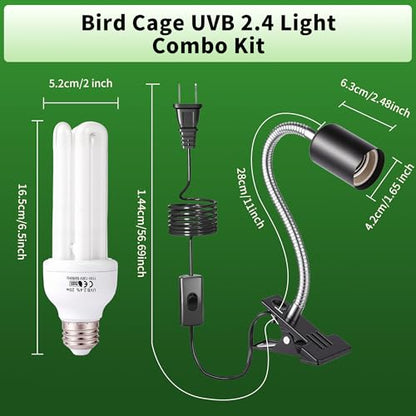 Bird Cage UVB Light Combo Kit, Avian Sun Lamp 2.4% UVB UVA 20W Compact Fluorescent Bulb for All Kinds Captive Birds, 2 Bulbs Included