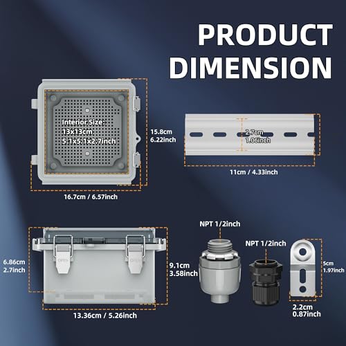 Joinfworld 6x6x4 Outdoor Electrical Box Weatherproof Junction Box | IP67 Waterproof ABS Box with, Stainless Latch, Aluminum DIN Rail, 3 NPT1/2" Fittings for Starlink, Pump & Home DIY - size: 5.9"x5.9"x3.5" Clear