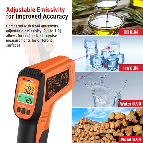 TempPro TP450 2 Laser Temperature Gun for Cooking, 16:1 D:S Ratio Infrared Thermometer Gun for Pizza Oven, Laser Thermometer Gun with Adjustable Emissivity Temp Gun -58 to 1022℉,Gift for Dad Husband - style: 2-Laser & D:S 16:1