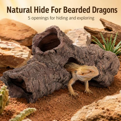 Large Reptile Resin Log Cave, 12 Inch Terrarium Hideout with 5 Openings, Faux Bark Aquarium Cave Decor for Bearded Dragon, Gecko, Snake, Lizard, Turtle, Fish .00 X 6.49 X 4.72 in Brown
