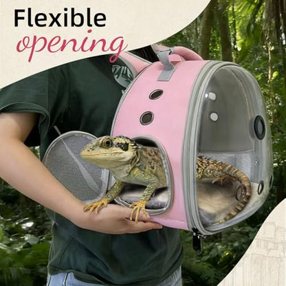 Bearded Dragon Travel Backpack Carrier with Reptile Thermometer and Humidity Gauge Lizard Travel Cage Space Capsule Clear Bubble Window Astronaut Reptile Bag for Ball Python (Pink, Backpack+PG LSH) - color: Pink, size: 12.0"L x 7.0"W x 12.0"H