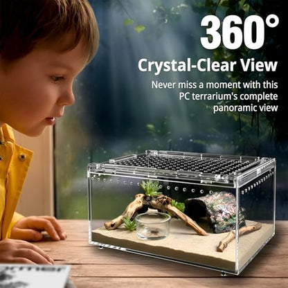 Reptile Terrarium Starter Kit, PC Habitat w/Magnetic Lid & Full Ventilation, Scorpion Habitat, Tarantula Enclosure, Spiders Cage, Insect Terrarium, Mantis & Small Frog Terrarium, 8"x6"x4" Assembled