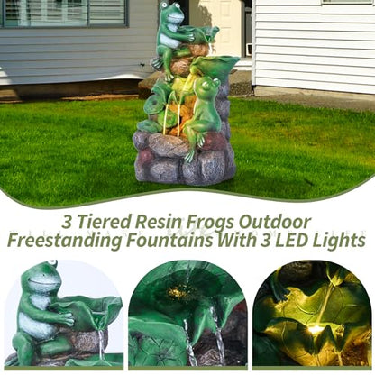 HPC Decor Outdoor 4-Tier Frog Waterfall Fountain with LED Lights for Garden, Patio, Yard, and Porch Décor, 19.9" H (Green)