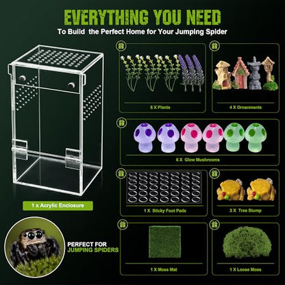 3"x3"x6.2" Jumping Spider Enclosure Kit – Escape-Proof Terrarium for Jumping Spiders, Small Insects – Complete Habitat with Spider Cage, Plants, Moss, and Accessories – Ideal Starter Kit