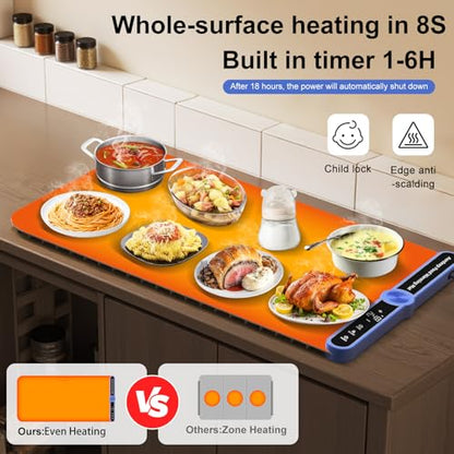 Large Warming Mat for Food Silicone Food Warmers for Parties Buffet Thanksgiving 32''X15'' 450W Portable Rollable Even Heating in 8 Sec 9-Level Temp Timer, Child Lock,Auto Power Off-Beige - size: Beige-XL 15*32in