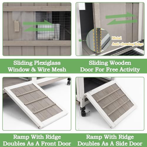 Gowoodhut 38.19"L Rabbit Hutch Indoor and Outdoor with 4 Wheels,Wooden Rabbit Cage with Pull Out Leak-Proof Tray for 1-2 Rabbits,Bunny Hutch with Asphalt Roof Suitable for Garden,Park,Living Room,Grey - size: PET30