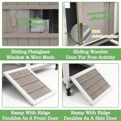 Gowoodhut 38.19"L Rabbit Hutch Indoor and Outdoor with 4 Wheels,Wooden Rabbit Cage with Pull Out Leak-Proof Tray for 1-2 Rabbits,Bunny Hutch with Asphalt Roof Suitable for Garden,Park,Living Room,Grey - size: PET30